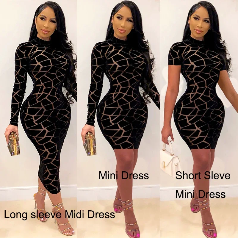 Print Bodycon Midi Party Dress Women Long Sleeve Sheath Slim Transparent Sheer Mesh Dress Elegant Vintage Night Club Sexy Dress