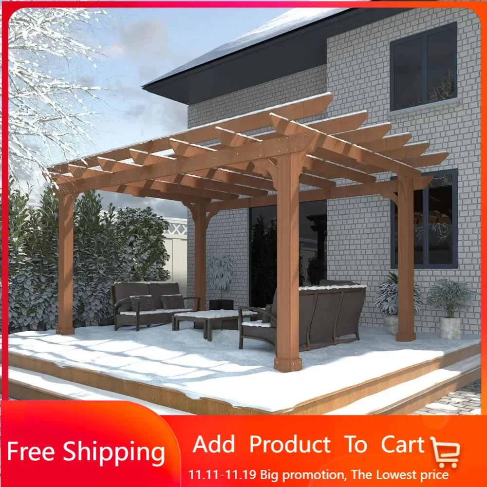 10x12 FT Wooden Pergola, Cedar Wood Gazebo with Flat Roof, Outdoor Garden Shelter with Stakes Included, Patio