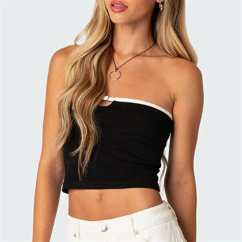 y2k Harajuku  Women's Summer Slim Tube Tops Contrast Trim Bandeau Cutout Front Show Navel Tank Tops Fit Bandeau Tops Clubwear