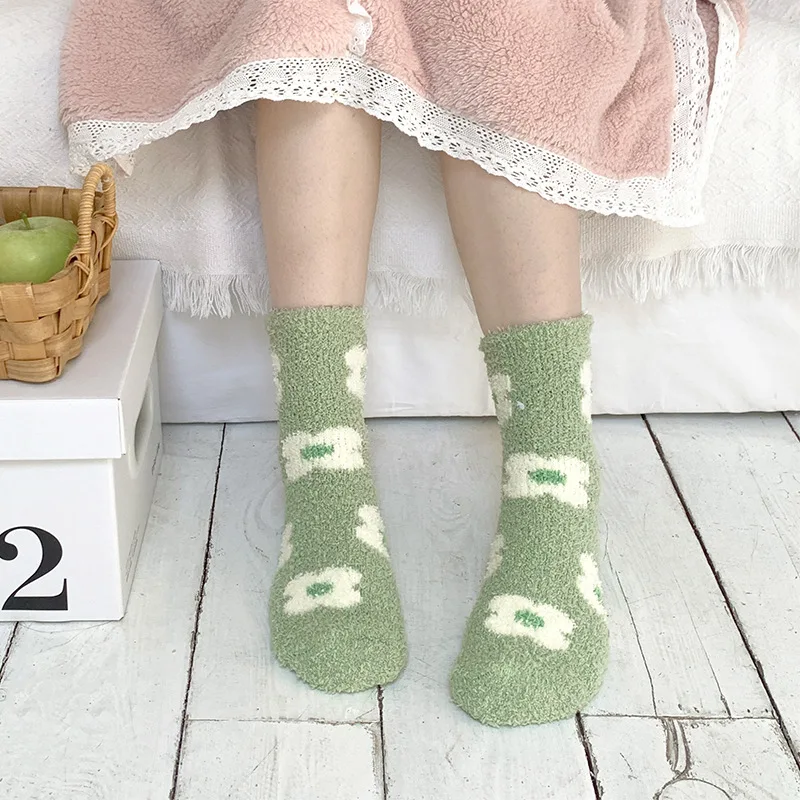 Women Socks Kawaii Cute Strawberry Cherry Flowers Winter Thicken Warm Soft Coral Fleece Thermal Homewear Floor Sleeping Socks