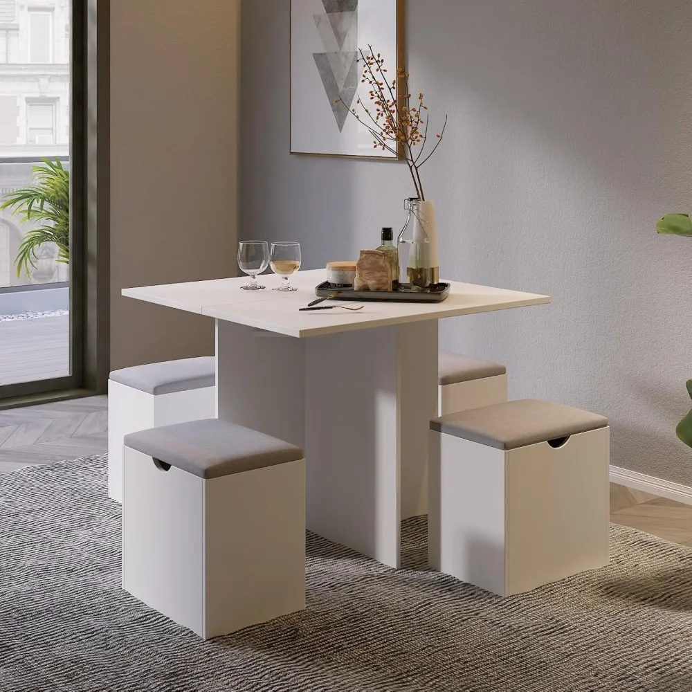 Ensemble de table à manger 5 pièces, petite table de cuisine avec 4 pistes, compacte et peu encombrante, pour salle à manger et cuisine moderne (blanc et G)