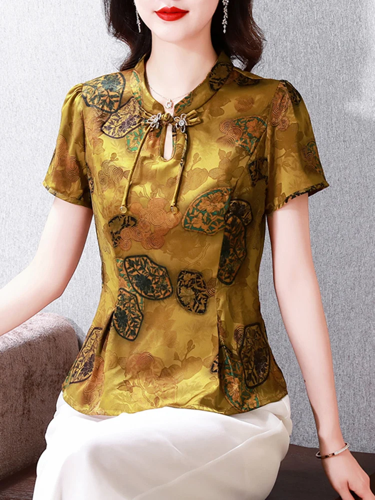 Dames Satijn irt Faionable ort Sve Taille-klinkende Chinese Sle Top Koreaanse versie Loose Fit Gedrukt uitgehold ontwerp