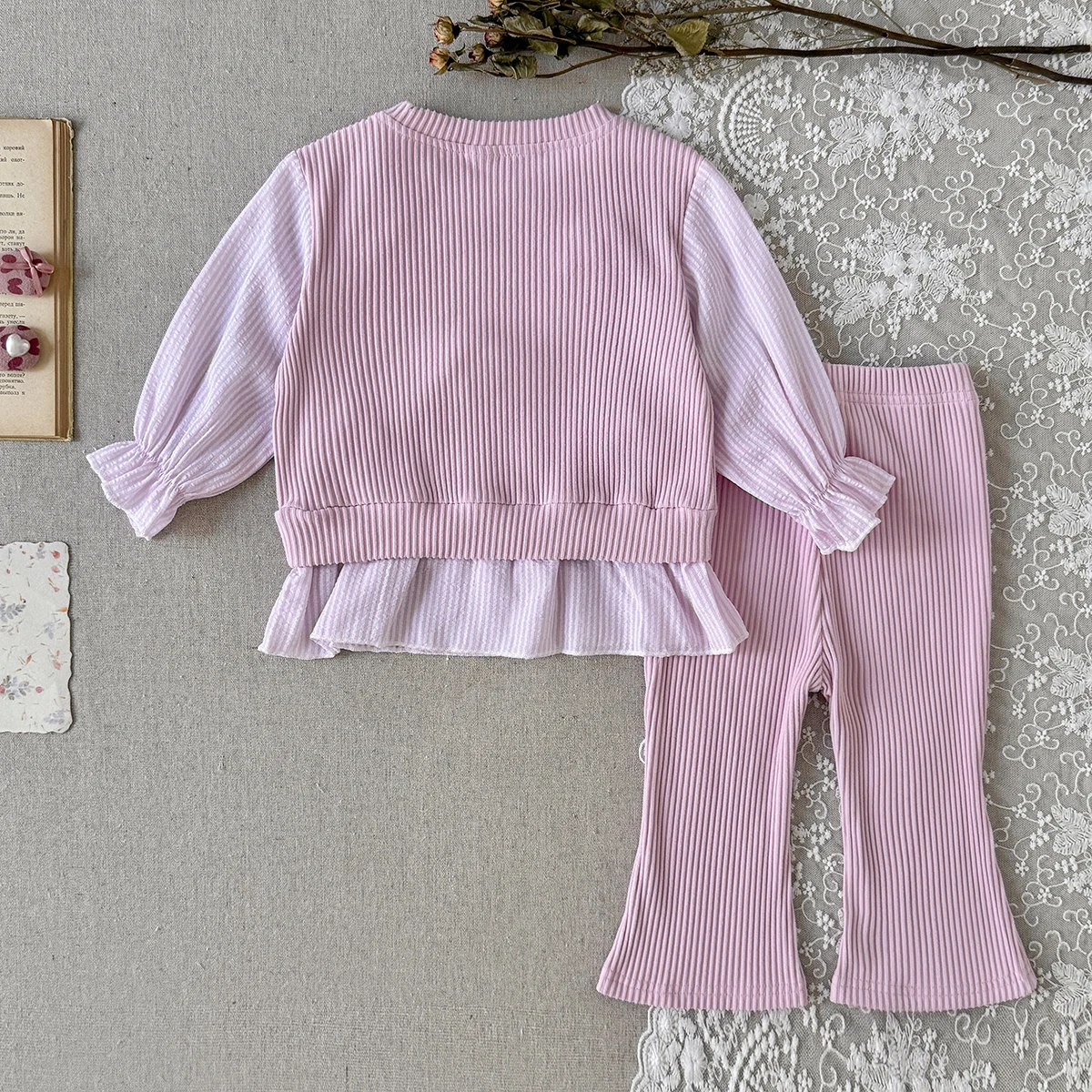 Spring Autumn Baby Pink Ribbed 3D Flower Spliced 2PCS Set, Girls Puff Sleeve Ruffle Hem Top Flare Pants Outfit