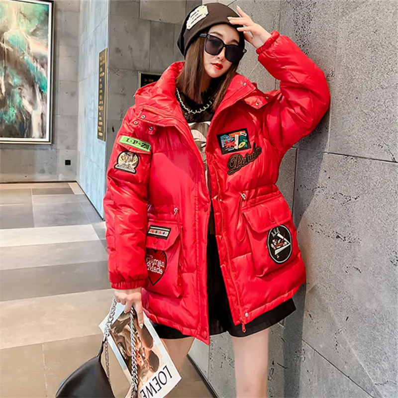 2022 Winter Jacket Women Short Parkas Badge Embroidery Fashion Pocket Hooded Down Jackets Streetwear Loose Cotton Coat Female