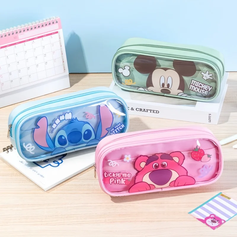 MINISO Disney Mickey Pencil Bag EVA Kawaii Cartoon Stitch Waterproof Large Capacity Lotso Pens Storage Box Cute Stationery Bag