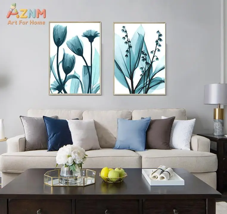 AZNM Teal Transparent X-Ray Flower Canvas Wall Art Tulip Lily of the Valley Minimalist Floral Print Unframed Canvas Modern Livin
