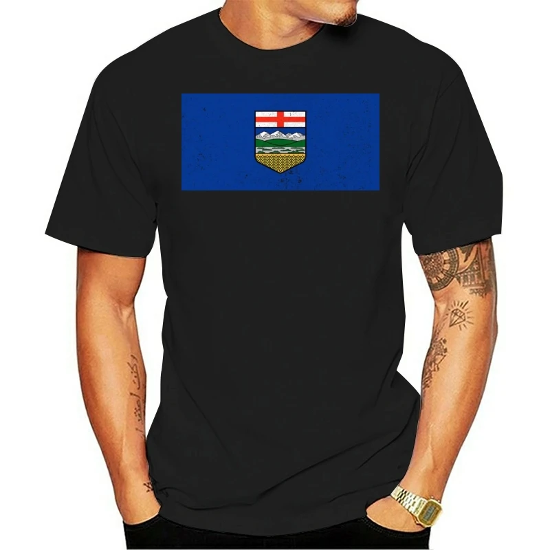 Alberta Provincial Flag -  Basic Cotton Distressed Flag Print T-Shirt