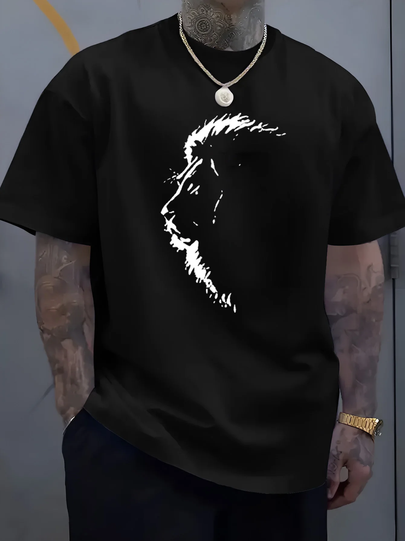 Male Black Round Neck T Shirt Distressed White Sketch Beard Man Profile Simple Monochrome Portrait Daily Soft Cotton Tees