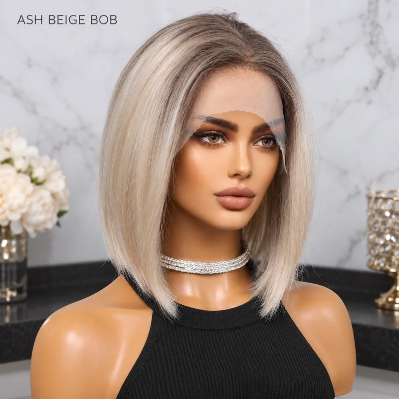 T-Part Lace Front Bob Wig for Women Ash Beige Blonde Dark Root Short Straight Hair Middle Part Shoulder Length Hand Tied