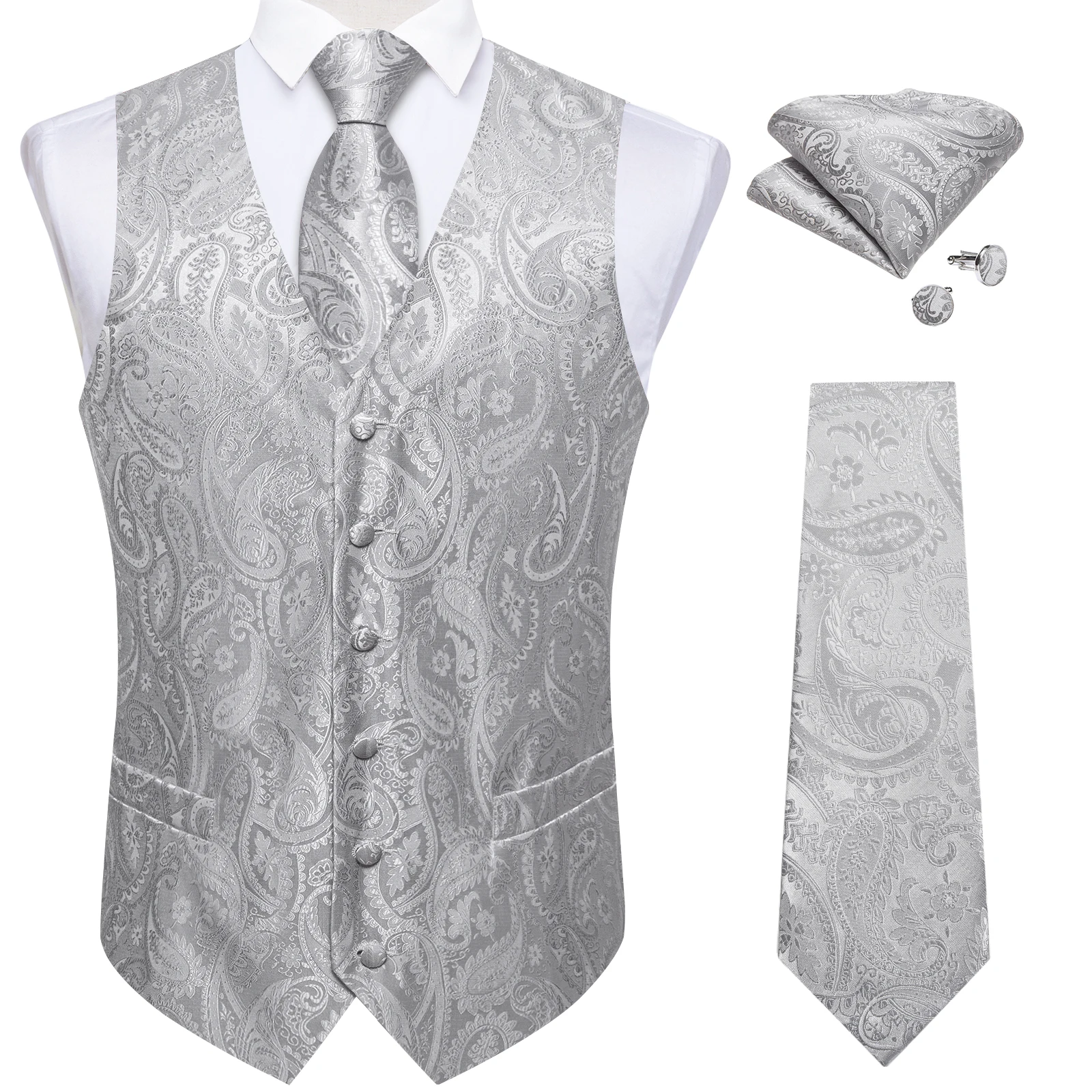 Paisley Floral Pattern Vest 4Pcs Matching Set, Waistcoat Necktie Pocket Square Cufflinks, Business Wedding Attire