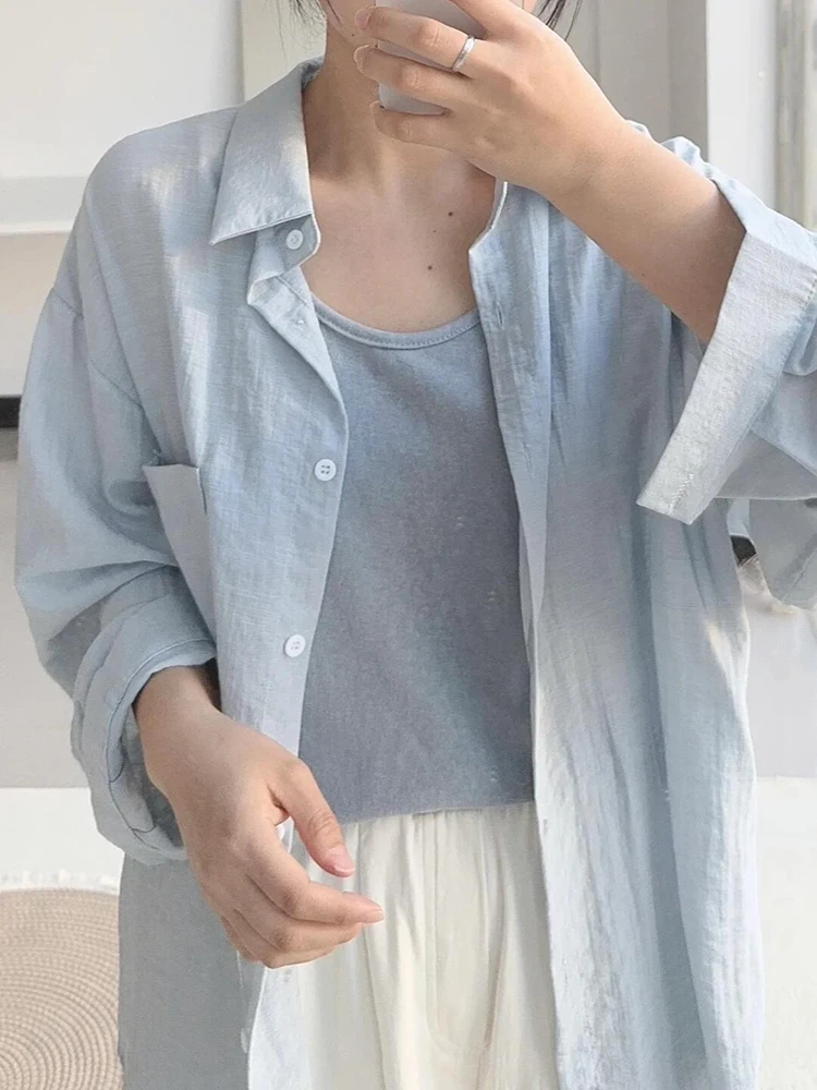 Light Blue Lazy Style Long Sleeve Sun Protection Shirt Women's Spring Design Loose Casual Cotton Linen Top Slimming Effect