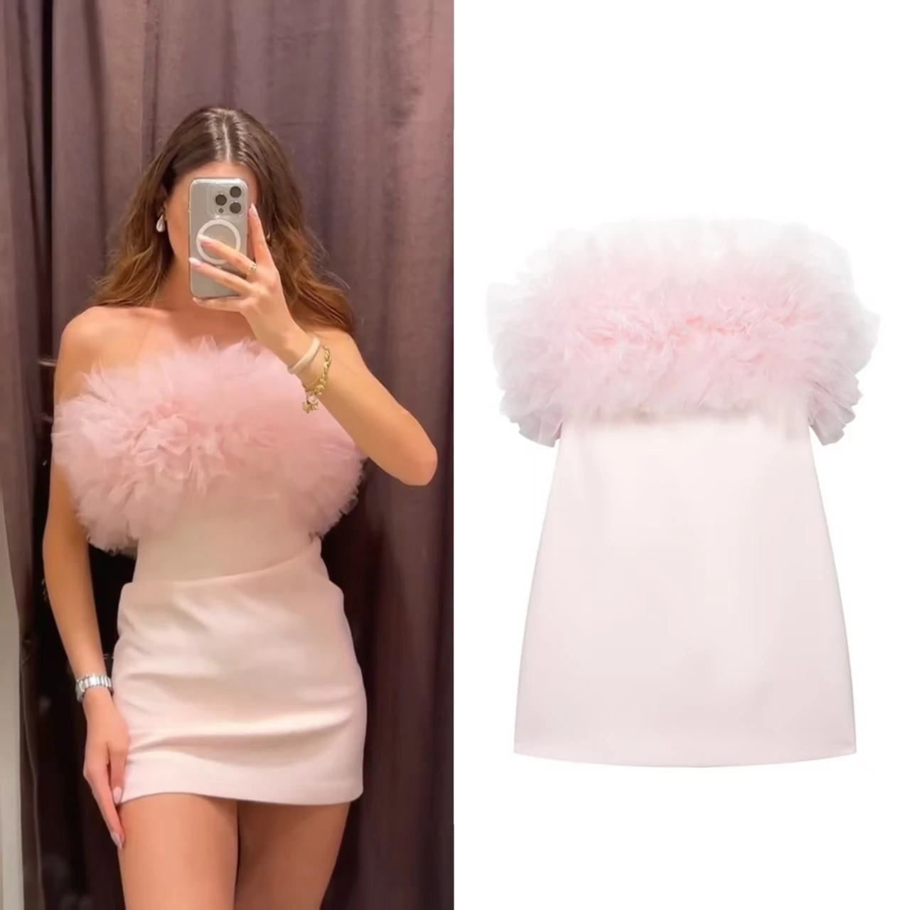 

Women's Dresses Spring 2025 New Fluffy Tulle Trimmed Short Dress Sexy Off-the-Shoulder Pink Cute Sweet Babes 4772334