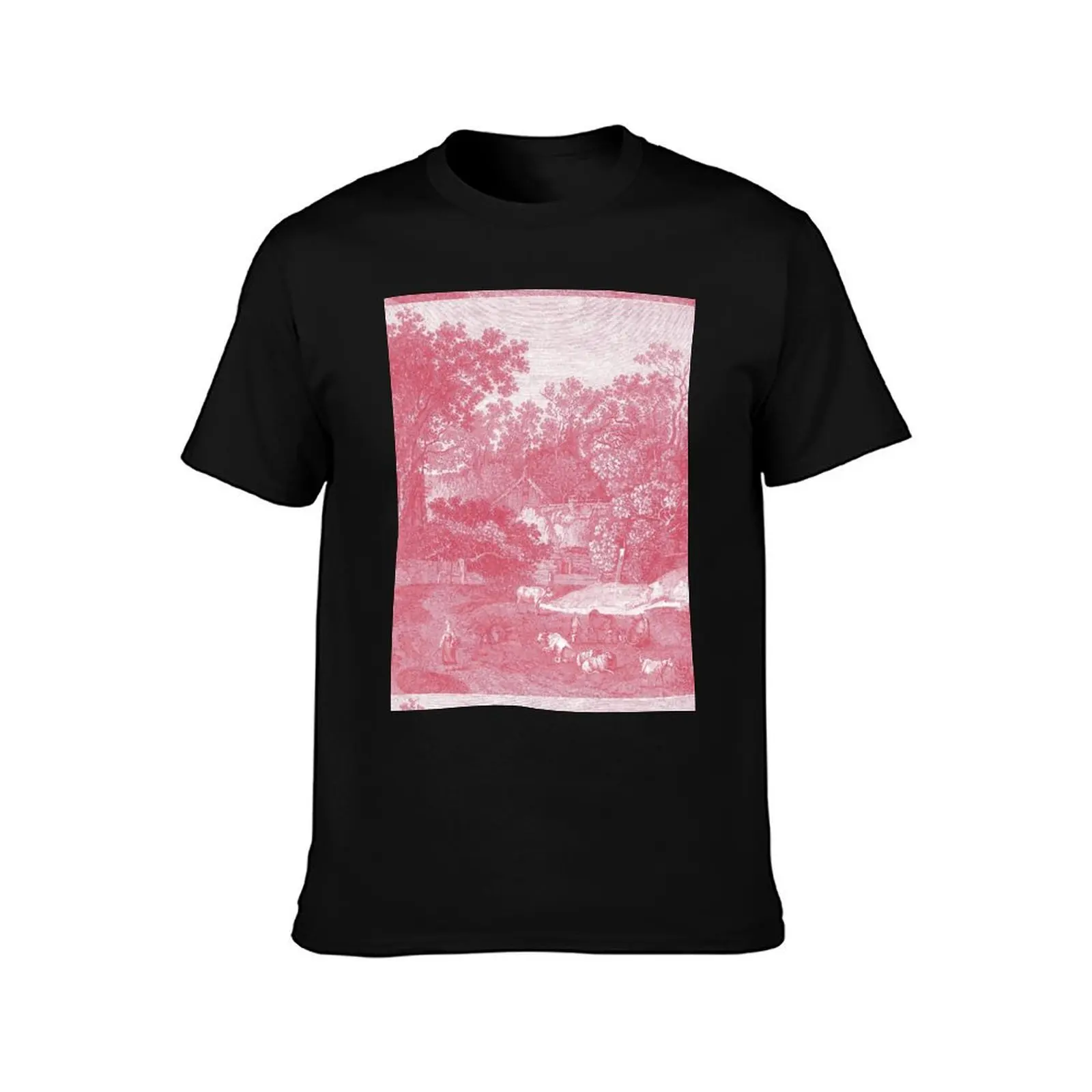Red Toile Pastoral French Country Scene T-Shirt Vintage Style Printed Top T-Shirt
