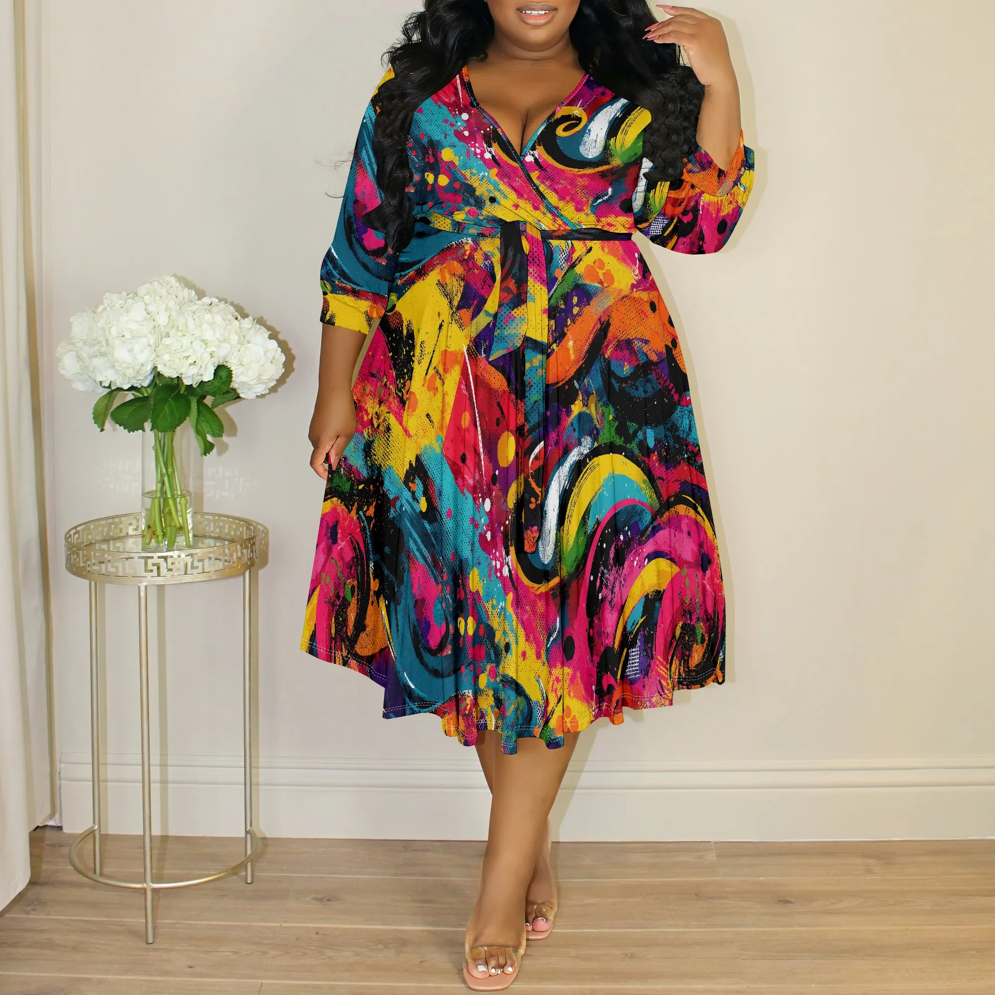 

Plus Size Abstract Print V-Neck Dress for Women 2025 New Arrival - Bold & Vibrant Dress for Parties, Festivals, XL-6XL