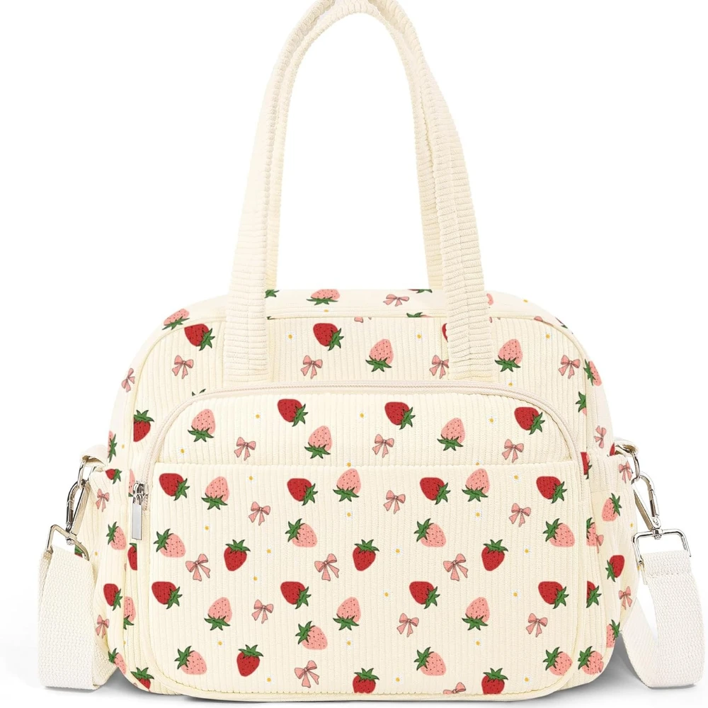 

Insulated strawberry Corduroy Lunch Tote Cute Lunch bag with Shoulder Strap, Multiple Pockets, Adult Teacher Nurse