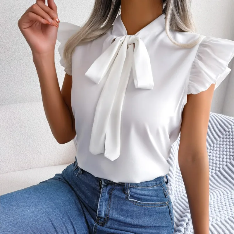 2024 Women Summer Black Ear Strap Bow Chiffon Shirt Office Lady Solid Color Slim Sleeveless Pullover Blouse Tops Femme Blusas