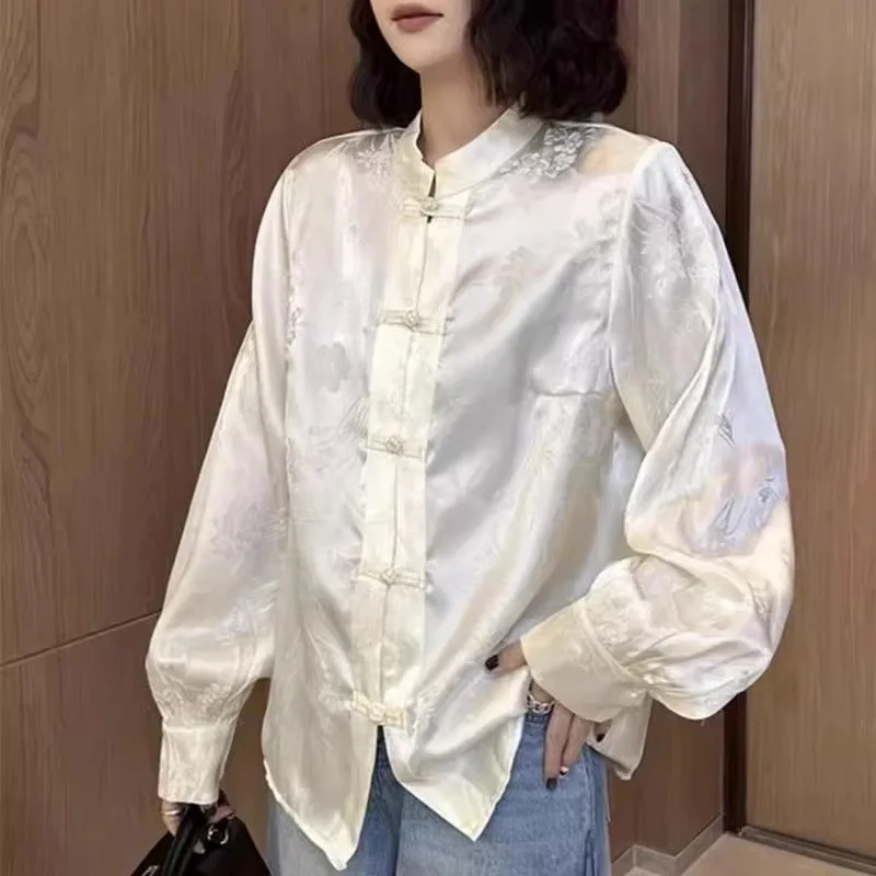 New Chinese style button-up embroidered jacquard long-sleeved shirt