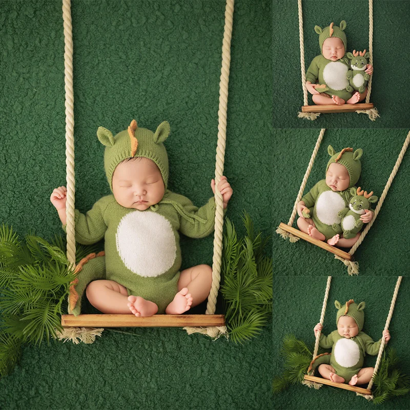 Knit Newborn Photography Outfits Knitted Clothes With Tail Dragon Ear Hat Small Green Dragon Photoshoot Theme Studio Photo Props