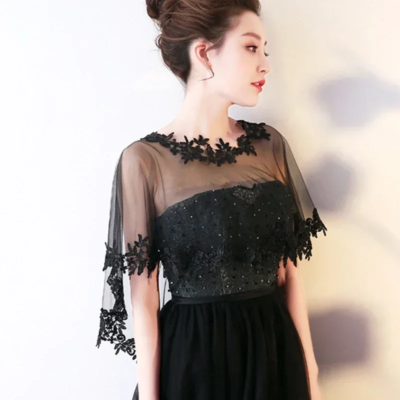 Casual Summer Black Applique Tulle Evening Prom Cape O-Neck Lace Short Sleeve Bridal Wedding Elegant Women Cape Cosplay Shawl