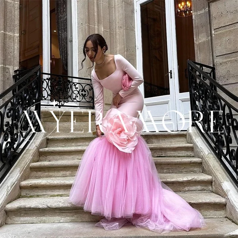 فساتين سهرة فاخرة بحورية البحر باللون الوردي 2025 من الساتان على شكل زهرة وياقة مربعة فساتين لحضور الحفلات الموسيقية تول رداء حفلات مخصص رداء السهرة #5