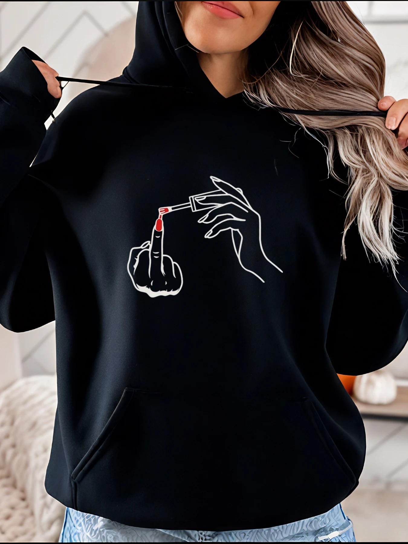 

Толстовка с рисунком лака для ногтей, повседневная уличная одежда, толстовка с длинными рукавами, женская мода, массивный топ, повседневная одежда