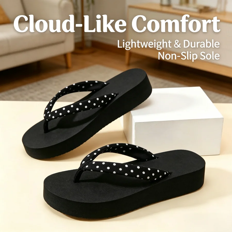 Ladies' Black And White Polka Dot Thin Strap Thick-soled Flip-flops, Soft Cloth Surface Sandals Anti-slip Lightweight Thick-soled Summer Slippers