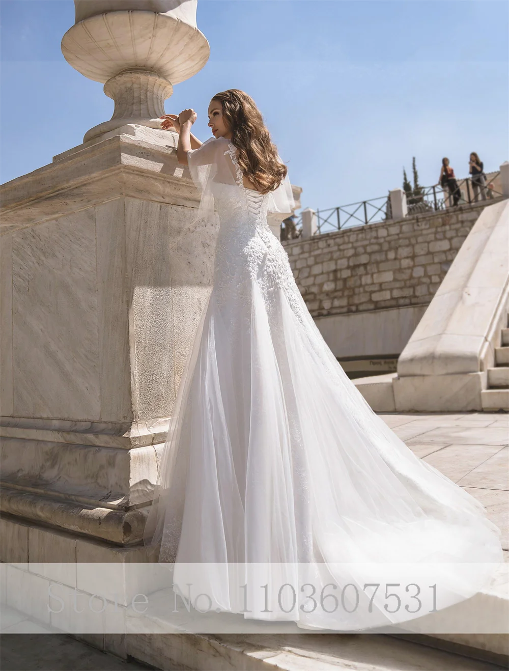 Vestido de noiva em renda para mulheres, vestido corte, manga boné, decote querida, apliques, luxo