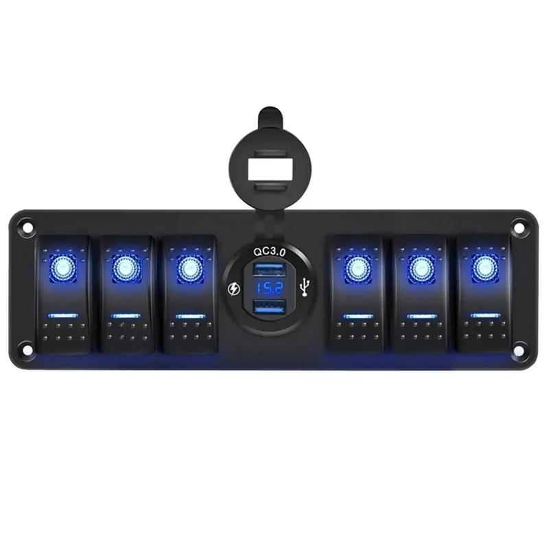 A91D 6 Gang Switch Panel 12V QC3.0 USB Voltmeter