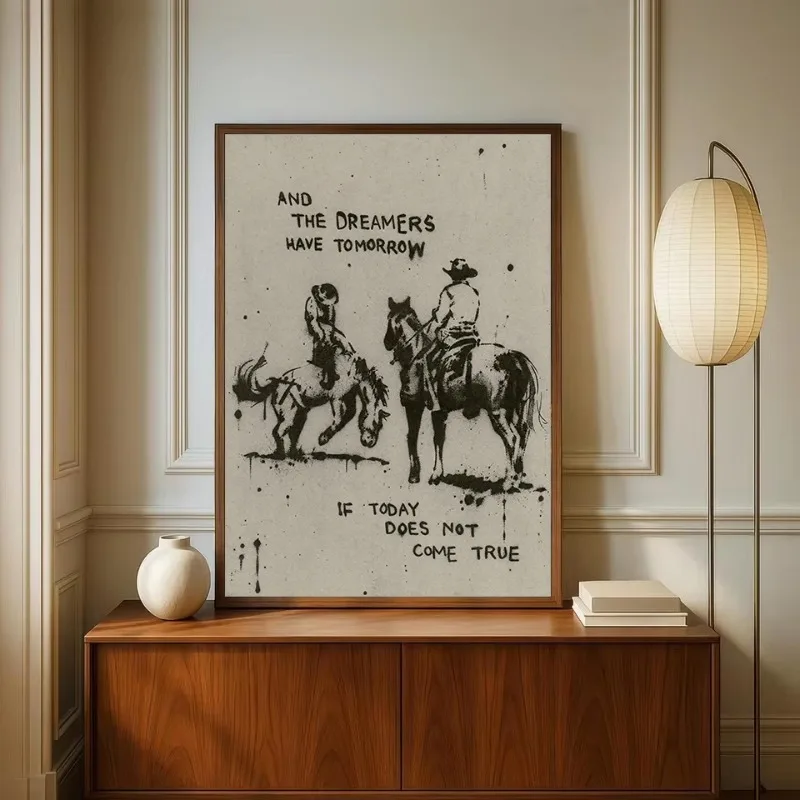 Vintage Black and Beige Western Quotes Beach Surfing Cowgirls Bucking Horse Poster Canvas Painting Wall Pictures Home Decor