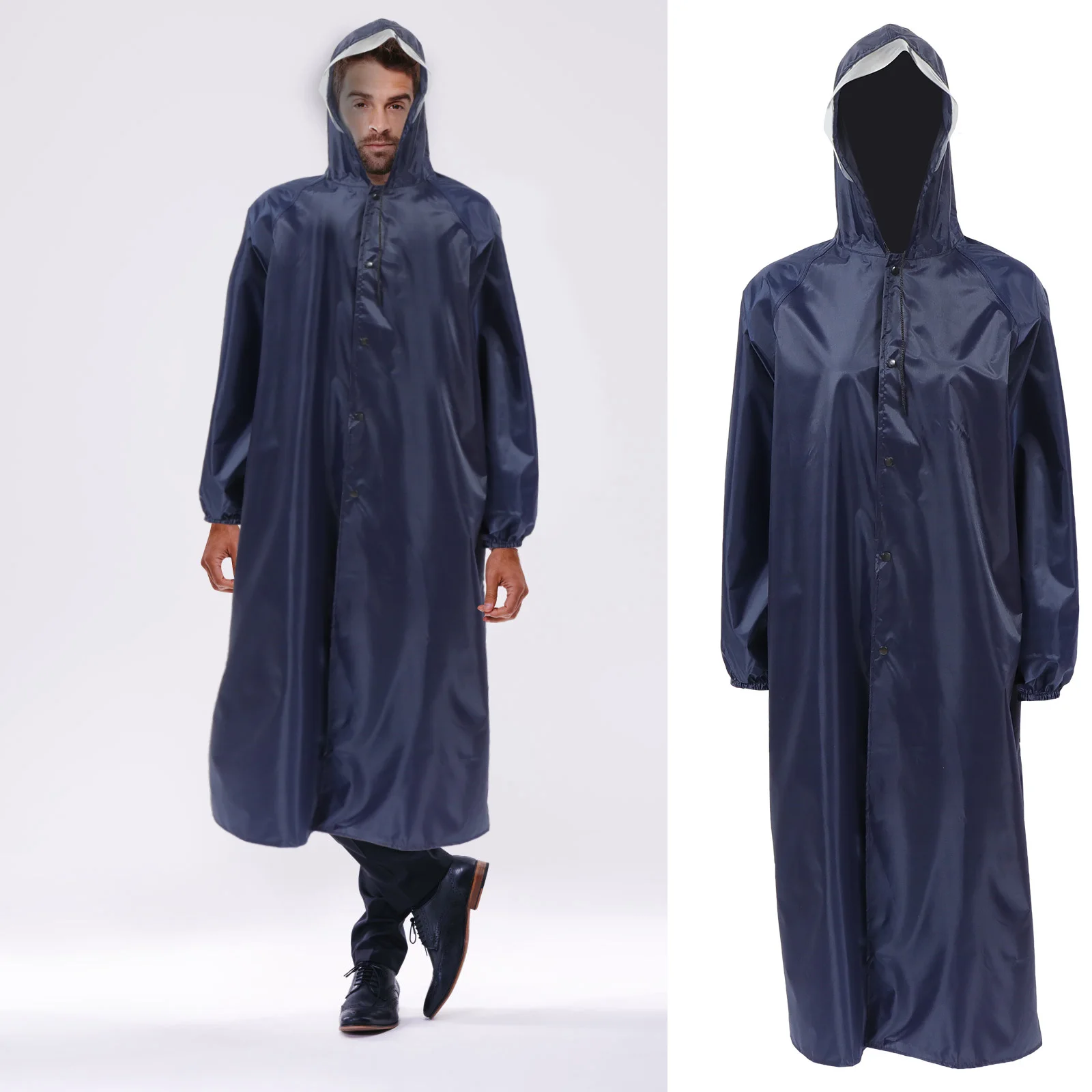 معطف واق من المطر طويل مقاوم للماء قطعة واحدة المعطف عالية العنق حزام عاكس في الهواء الطلق المشي لمسافات طويلة التخييم المطر والعتاد كامل الجسم