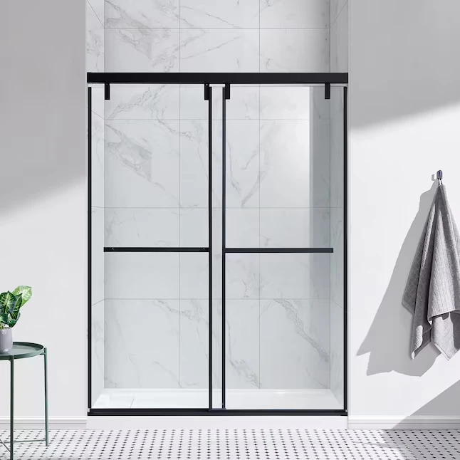 

Матово-черная раздвижная душевая дверь Нержавеющая сталь Рама - Водонепроницаемая конструкция - Закаленное стекло - Бесшумная раздвижная система