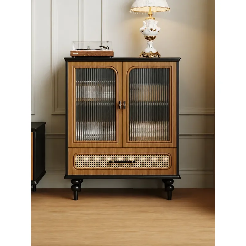 Medieval Style Dining Side Cabinet Small Apartment Living Room Integrated Storage Locker Retro Rattan Small Size Tea Cabinet