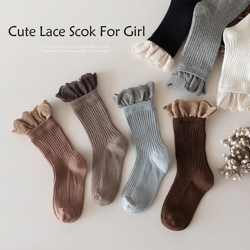 Ins Fashion Children Socks With Lace Princess Girls Mid Tube Sock Soft Baby Toddlers Infant Socken Kids School 1-10Year