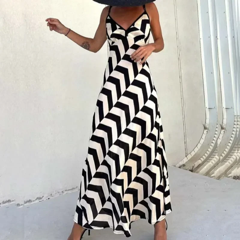 2024 Fashion Hollow Backless Zippered Long Dress Casual Pattern Printed Sleeveless Beach Dress Sexy V Neck Spaghetti Strap Dress