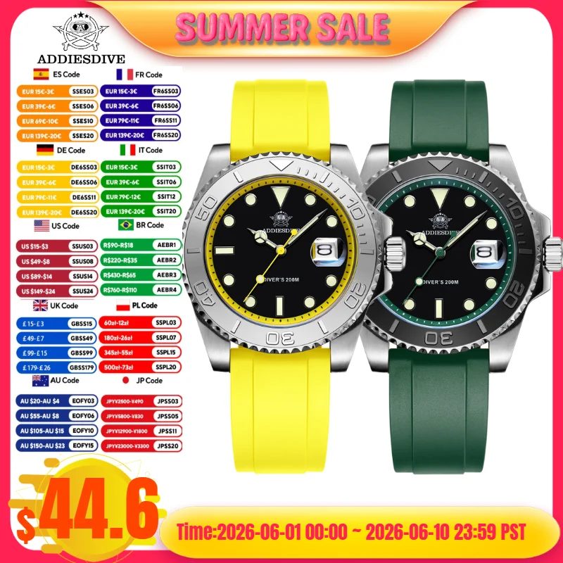 

ADDIESDIVE AD2040 Fashion Mens Watches 200m Waterproof BGW9 Super Luminous Montre Homme 316L Stainless Steel Quartz Watch