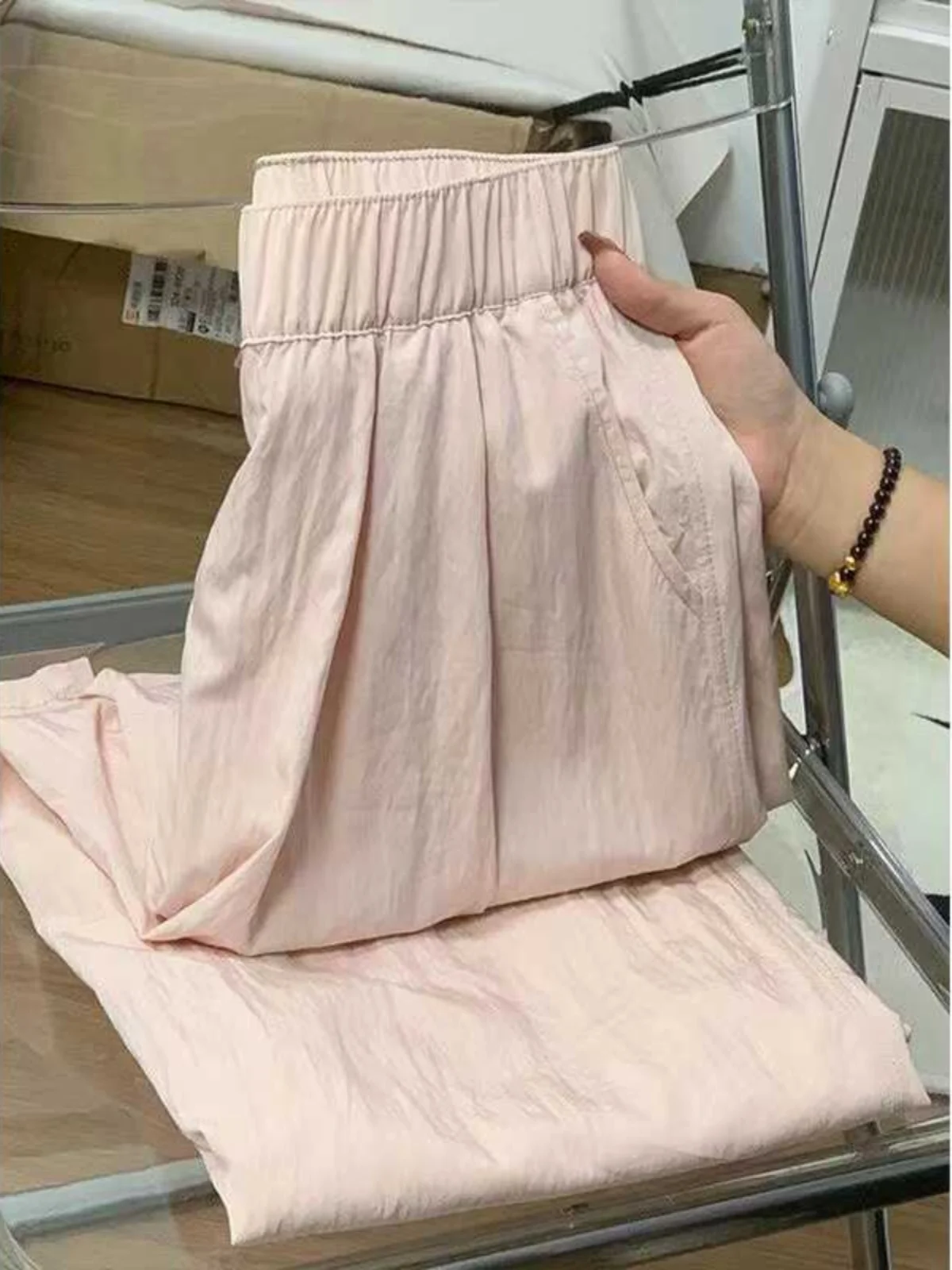 Damskie spodnie z wysokim stanem, luźne, codzienne, różowe, letnie, super wyszczuplające, zwiewne, z szerokimi nogawkami, prosty krój, długość do podłogi.