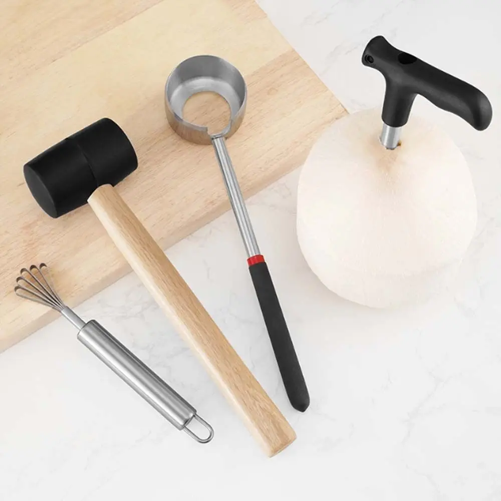 Stainless Steel Coconut Opener Tools Rubber Hammer Multi-functional Coconut Breaker Kit Wooden Handle Heavy Duty Coconut Puncher