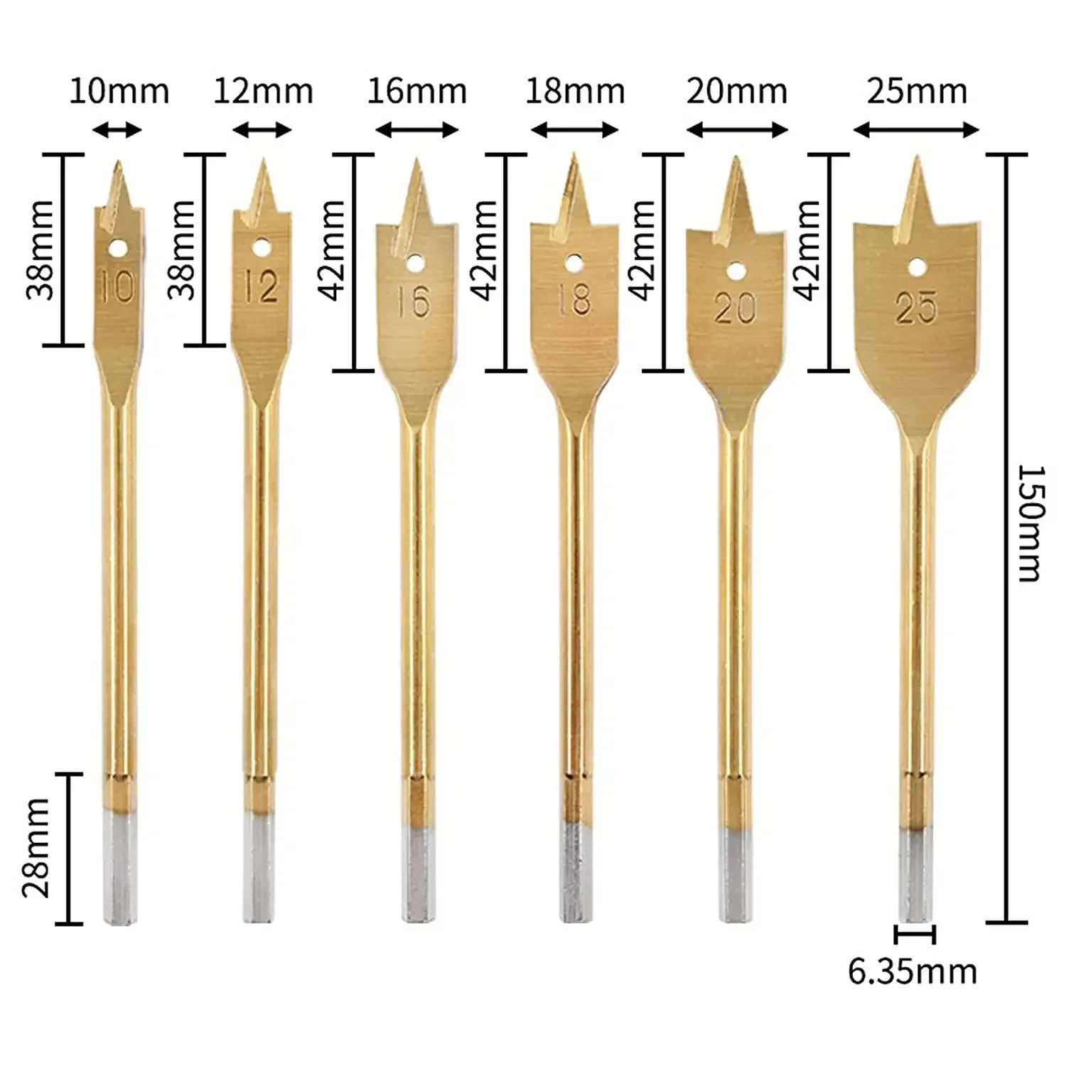 6 Pack Spade Drill Bit Set Paddle Flat Bits Hole Cutter Titanium Coating Carbon Steel Woodworking Tool 10-25mm