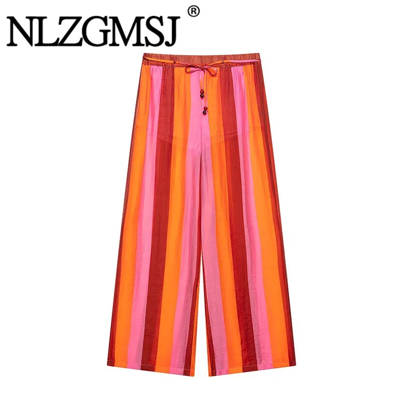 

Nlzgmsj 2026 Women Colorful Striped Wide Leg Pants Drawstring Elastic Waist Casual Trousers Summer Beach Vacation Palazzo Pants