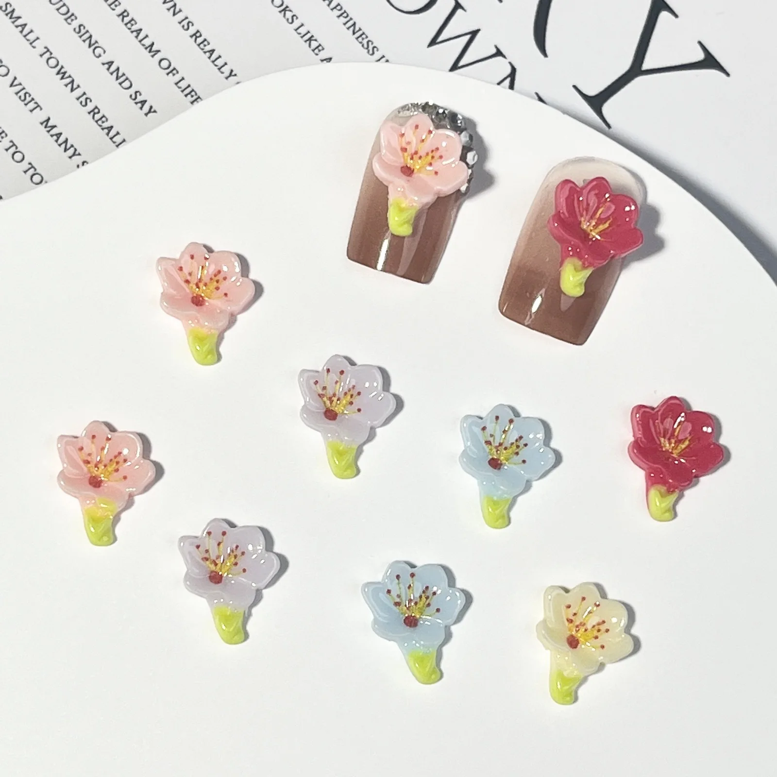 20pcs miniso colorful flower cartoon nail charms for diy nail making cute mini resin flatback nail art decoreation