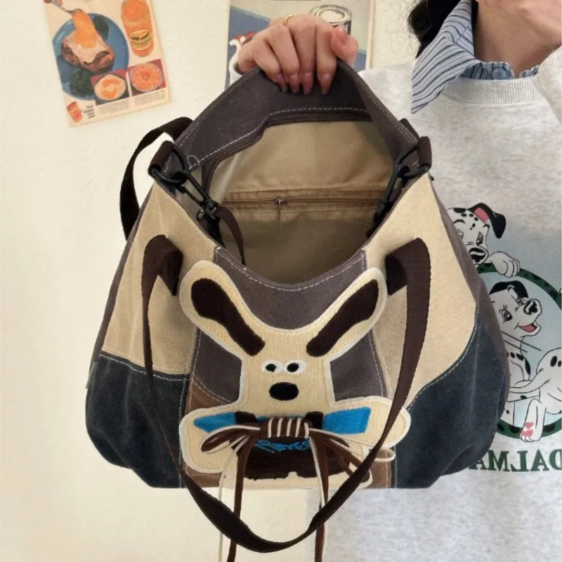 Retro Cute Puppy Tote Bag Women Patchwork Canvas Large Capacity Shoulder Bags Ladies Japanese Y2K Harajuku Cartoon Crossbody Bag