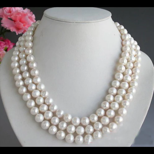 

Favorite Pearl Jewelry,3Row 21'' 11mm Round White Freshwater Cultured Pearl Necklace,Shell Clasp,Wedding Birthday Women Gift