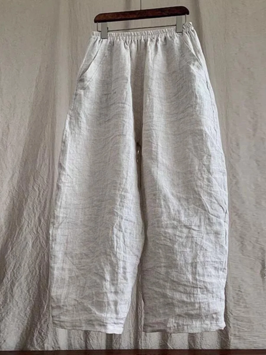 

Plus Size Summer Original Hong Kong Sle Artistic Casual Pants Loose Wide Leg Cotton Linen Nine Point Lantern Pants Women's Hi...