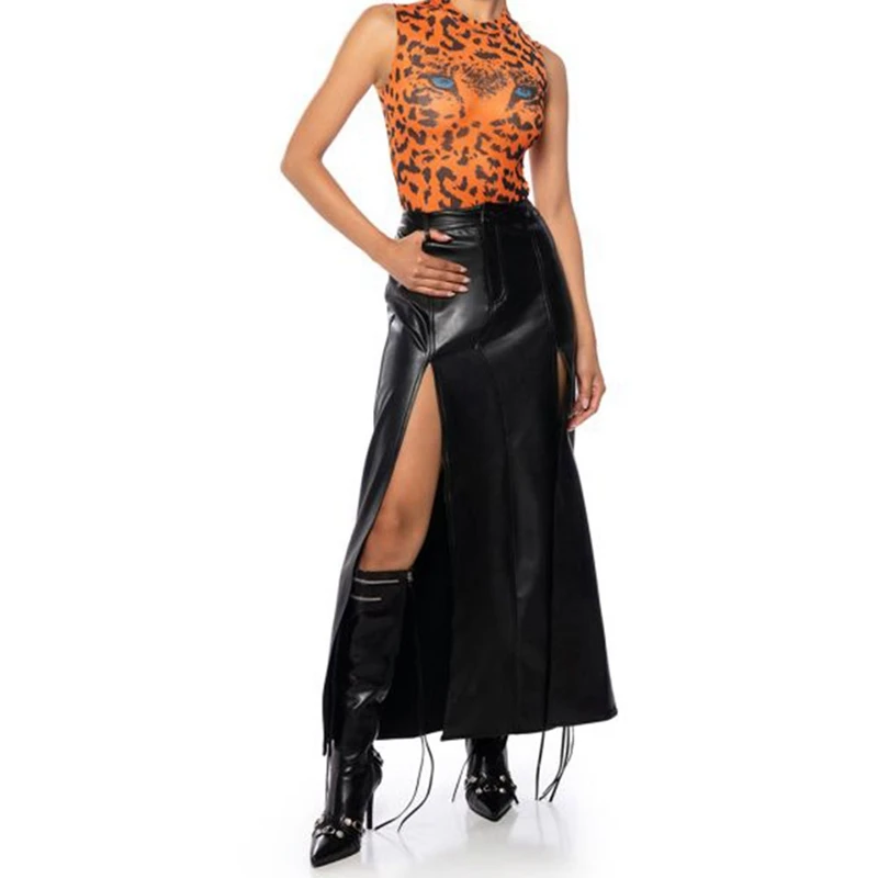 

Casual A-Line Faux Leather Long Skirt Side High Split Women Loose Black Vintage Pleated Maxi Skirt Fashion New Gothic Custom