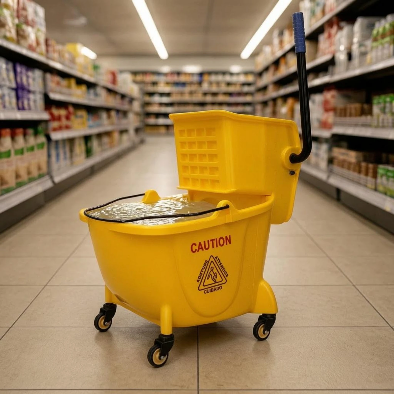 Wringer Pail Trolley Wheeled Mop Pail Wringer Cleaning Equipment Blue Grip Warning Graphic