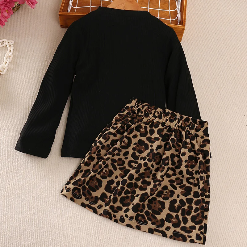 Autumn New Girls Outfit 2-6 Years Girls\' Black Knitted Long Sleeve Top + Leopard Zipper Skirt Korean Style Casual Vacation Suits
