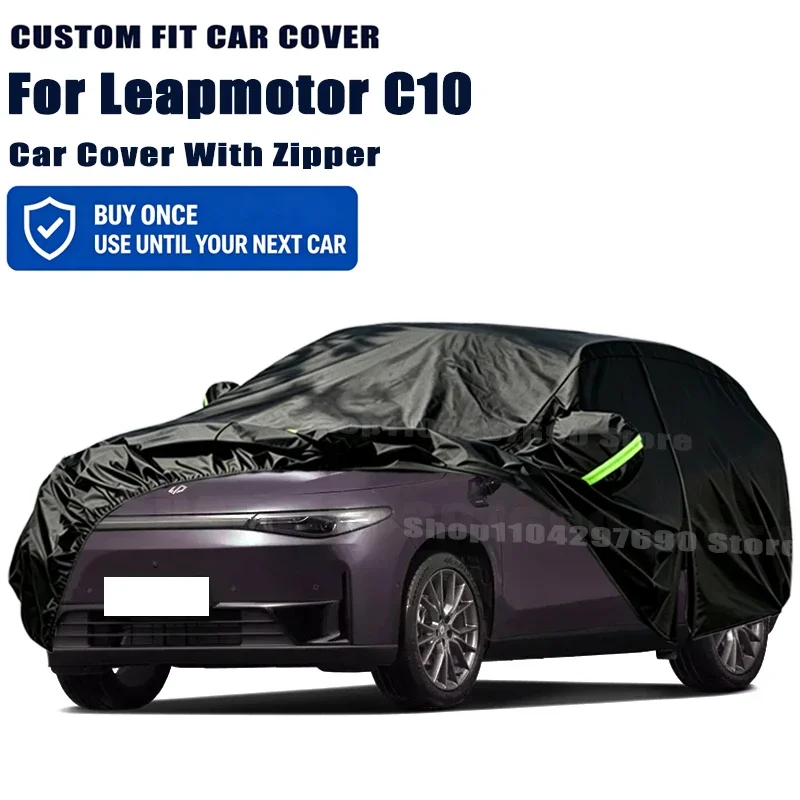 For Leapmotor C10 Outdoor Full Car Cover With Zipper Snow Cover Sunshade Waterproof Dustproof Exterior Protection