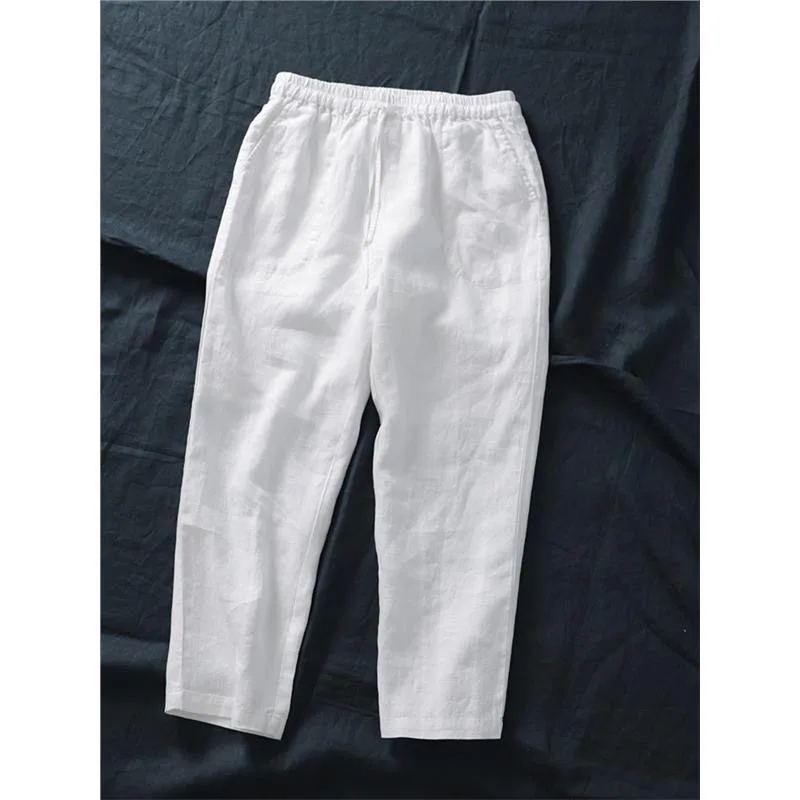 

Белые льняные мужские повседневные свободные широкие брюки, весенние новые брюки с девятью очками, модный бренд, удобная смесь хлопка и льна