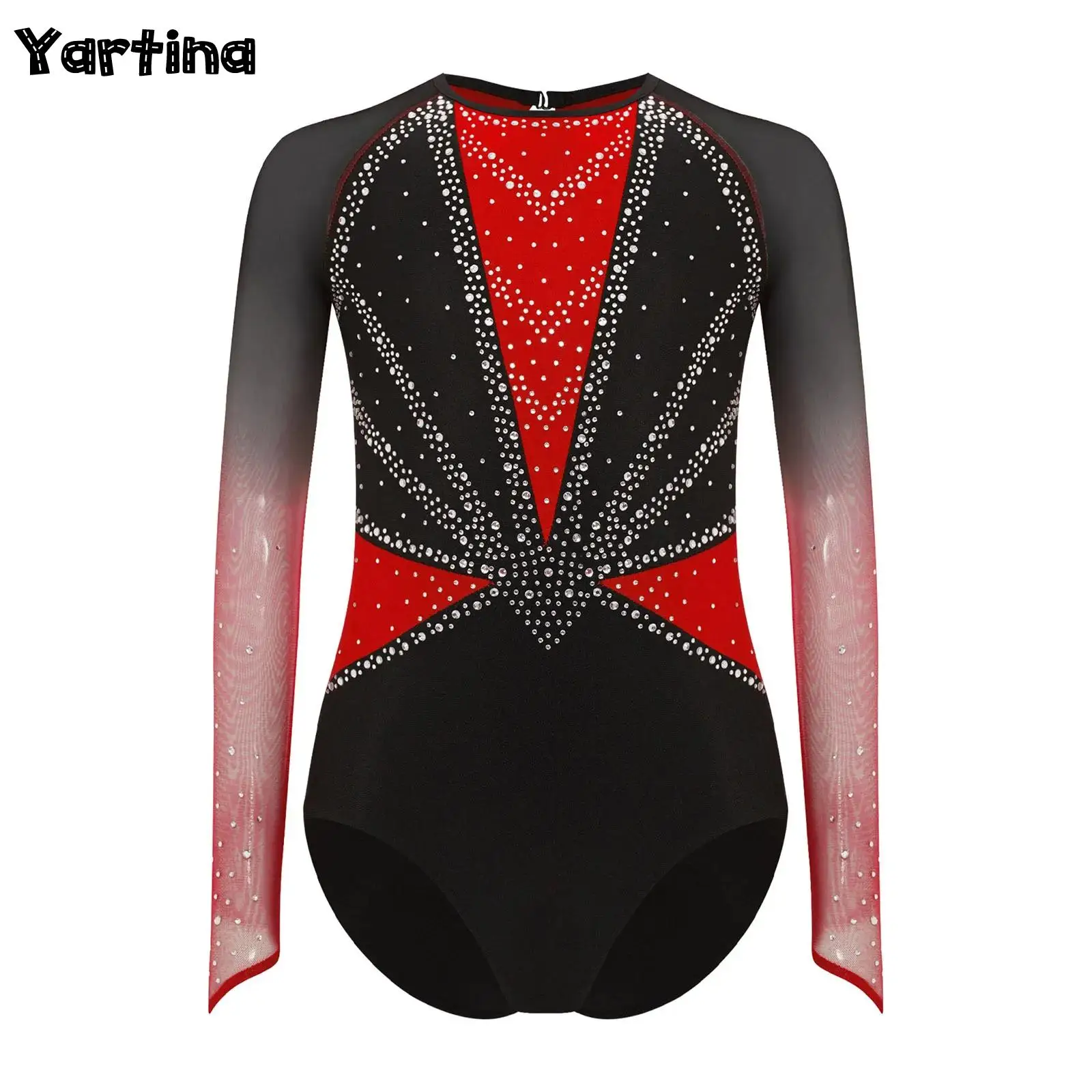 أطفال بنات لامعة الراين الجمباز التزلج الباليه جيرسي أداء الرقص زي بقماش شفاف طويلة الأكمام يوتار زي #1