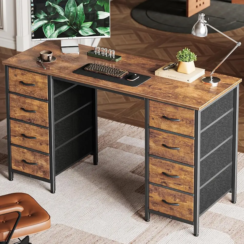 

47 H Computer Desk With 8 Fabric Drawers, Office Desk Work Desk For Home Office, Study, Gaming Desk With Drawers, Large